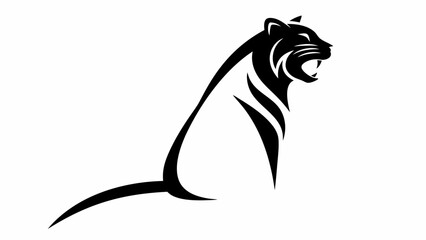 Black silhouette of a tiger roaring with its mouth open and tail curved on a white background design