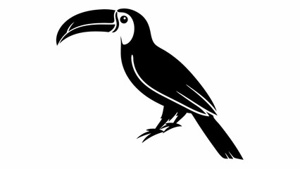 Silhouette of a toucan with a large beak standing on its feet in a black and white illustration style