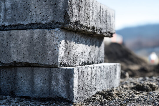 Close-up view of concrete pavers stacked on a construction site with blurred background