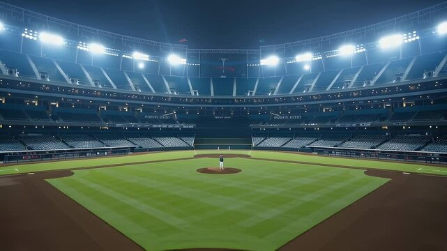 Wide Shot of Baseball Stadium at Night with Bright Lights Illuminating Field and Lush Green Grass