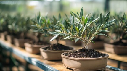 Beautiful Bonsai Plants on Display in Indoor Greenhouse Environment