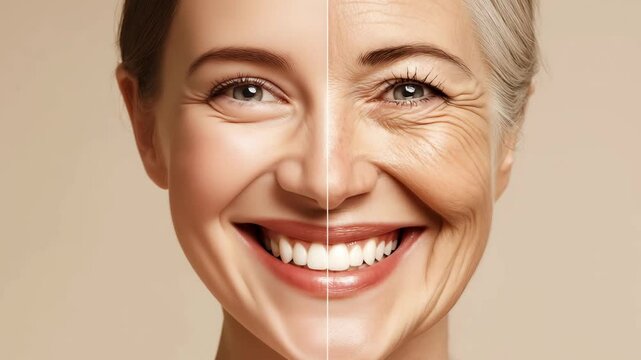 A split portrait contrasts youthful and aged skin of a woman, highlighting facial changes and expressions over time