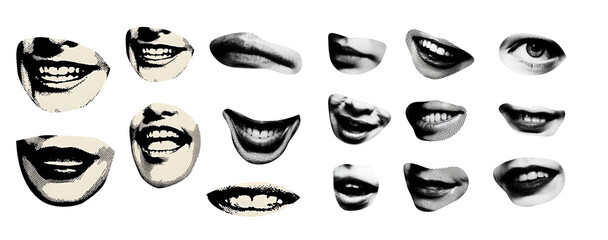 Trendy halftone collage elements set. Cutout from magazine quirky portrait faces with grunge punk doodle scribbles collection. Modern retro elements are isolated