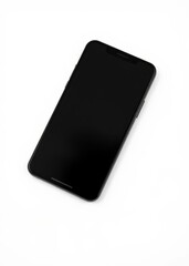 A sleek black smartphone its display blank and awaiting its first digital encounter rests on a pristine white backdrop ready for your creative vision to fill its screen  professional presentation blan