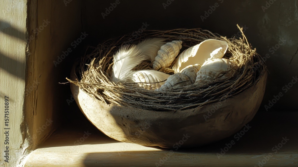 Poster natural nest filled with shells and feathers on wooden shelf