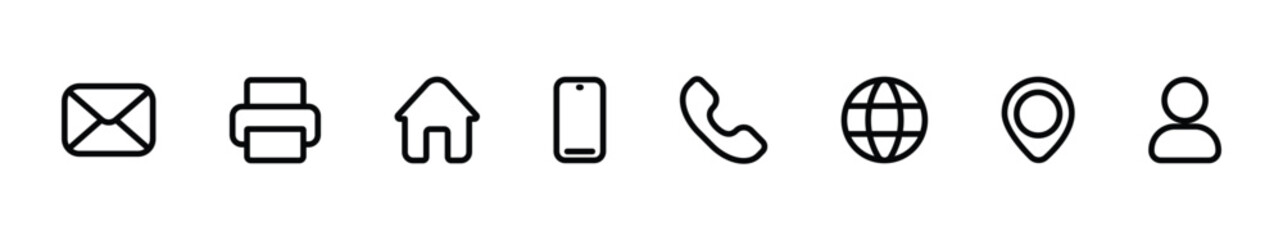 contact line icon set.  Email, fax, place, mobile, phone, website, location, name. editable line vector icon set.