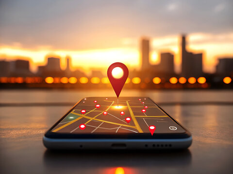 Smartphone displaying a navigation map with red pins at sunset against a city skyline ai generated - Powered by Adobe
