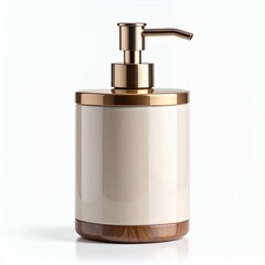 Obraz premium Elegant liquid soap dispenser with wooden and metallic accents, sophisticated bathroom accessory on white background