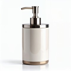 Obraz premium Elegant liquid soap dispenser featuring minimalistic design, promoting cleanliness on white background