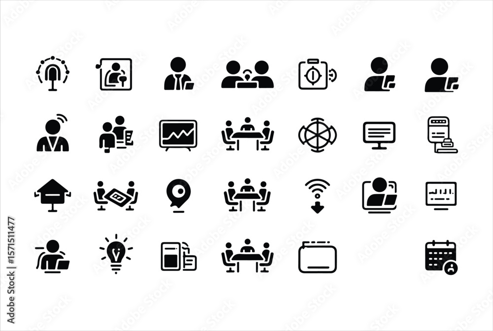 Poster collection of business and technology icons representing meetings communication data and personal pr