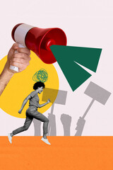 Template poster trend artwork photo collage of young lady eun huge hand hold megaphone citizen...