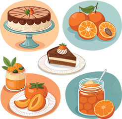 Assorted orange desserts including cake, jam, and pudding are displayed