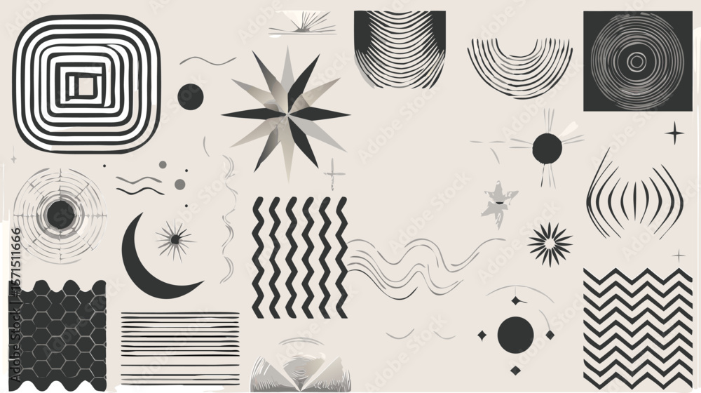 Poster abstract bohemian design elements collection in neutral tones with geometric shapes and celestial de