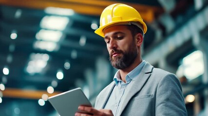 Professional engineer with yellow hardhat using tablet at construction site. Industrial supervisor planning project with digital technology. Safety equipment, workplace management, building - Powered by Adobe