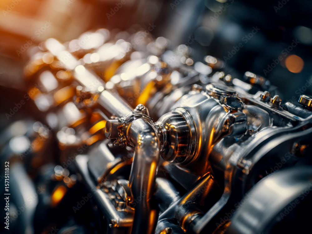 Poster close-up of a modern car engine with metallic components and intricate details