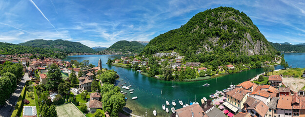 Drone view at the canel between Switzerland and Italy  of Ponte Tresa in lake Lugano