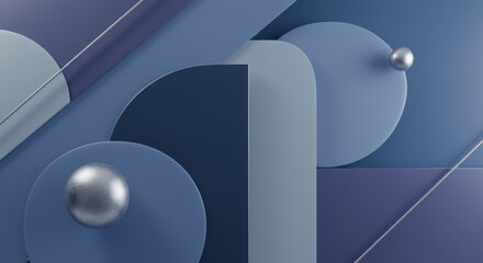Abstract arrangement of geometric shapes, spheres and lines, in shades of blue and silver tones