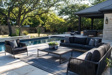 Sleek modern outdoor seating arrangement with black cushions, aluminum frame sofa, armchairs, and coffee table by poolside patio