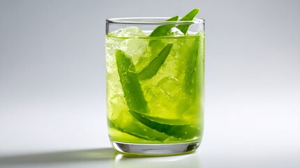 Translucent green aloe vera juice with floating pulp in a slim transparent glass isolated clean lighting no shadows overlay cut out on isolated transparent removed background