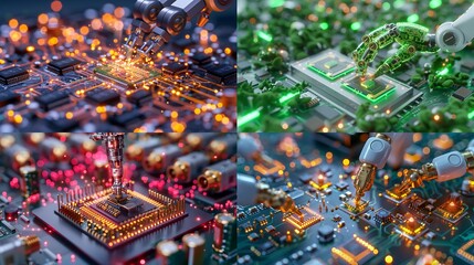 Obraz premium Autonomous robotic arm assembling microchips inside a precision manufacturing unit guided by AI algorithms. 