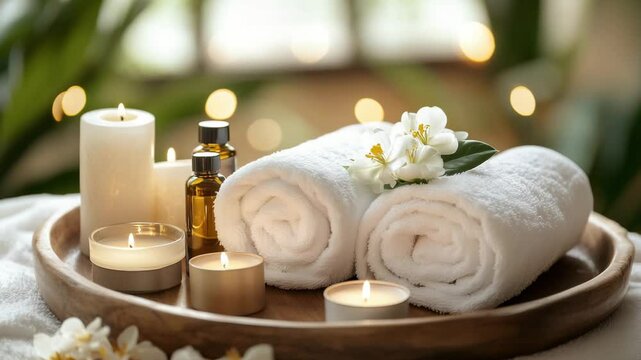 A tranquil arrangement featuring soft towels, aromatic candles, and essential oils creates a soothing spa atmosphere for relaxation