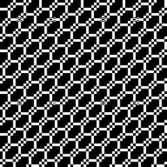 black and white pixel art pattern with a whit. The pattern is made up of squares and triangles.