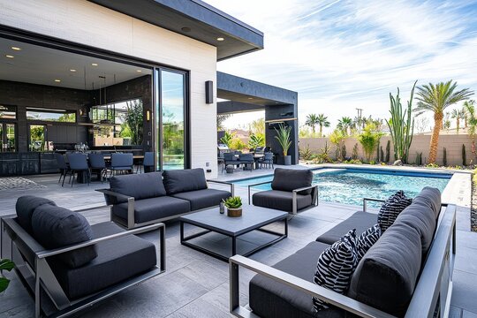 Sleek modern outdoor seating arrangement with black cushions, aluminum frame sofa, armchairs, and coffee table by poolside patio