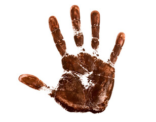 A striking brown handprint reveals detailed textures and an authentic organic impression.