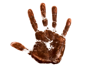 A striking brown handprint reveals detailed textures and an authentic organic impression.