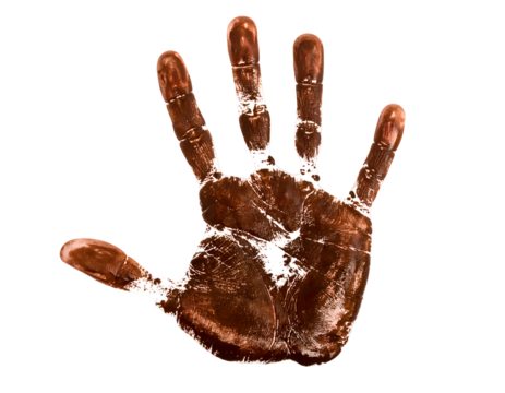 A striking brown handprint reveals detailed textures and an authentic organic impression.