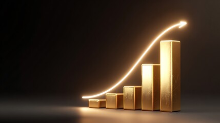 Ascending Golden Bar Graph with Illuminated Arrow Depicting Business Growth on Dark Backdrop