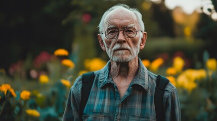Portrait of senior man with glasses in garden looking at camera travel photography outdoors lifestyle