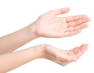 Two delicate human hands with open palms, one reaching up and the other offering support.