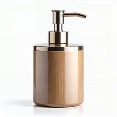 Obraz premium Minimalist liquid soap dispenser crafted from wood and brushed metal elegance on white background