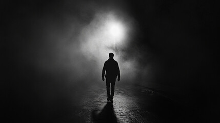 realistic cinematic portrait of man walking under streetlight at night, fog in background, noir style tension