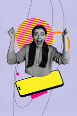 Poster 3d pop poster art collage of happy girl guy dance weekend party chill entertainment success occasion celebrate peek phone