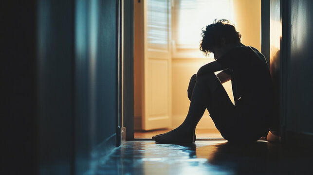realistic scene of teenager sitting on floor in hallway, harsh backlight through open door, feeling of isolation
