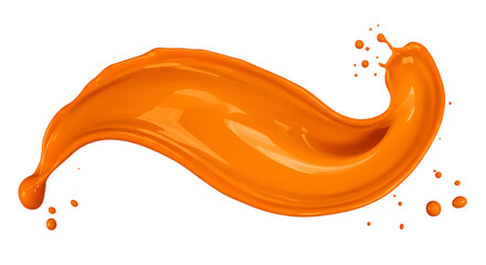 Dynamic orange liquid paint splash forming a smooth wave with droplets in motion isolated on white background