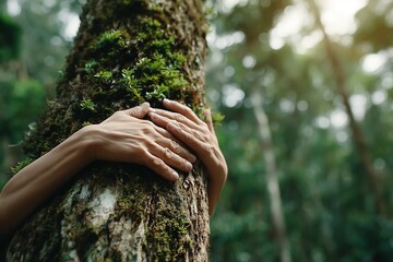 Embracing Nature: Hands Wrapped Around a Mossy Tree Trunk in a Peaceful Forest Setting