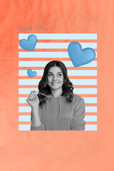 Zine trendy vertical banner creative collage of happy girl guy receive like reaction popular blog...