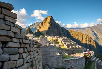 Ancient Inca stone walls, intricate architecture, majestic mountain backdrop,   incan,   mystery