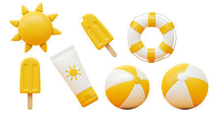 Collection of yellow and white summer beach vacation icons including a sun ice pops sunscreen lifebuoy and beach balls isolated on white background
