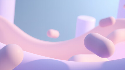 Eine surreale, abstrakte Mischung weicher geometrischer Formen, schwebend in einer pastellfarbenen Umgebung.KI Generated