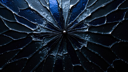 Ein abstraktes Bild mit dunklem Hintergrund, spinnennetzartig gesprungenem Glas und zarten Tintenblüten, die in die Risse sickern. Schwarz, Ultramarin und ein Hauch von Silber. KI Generated