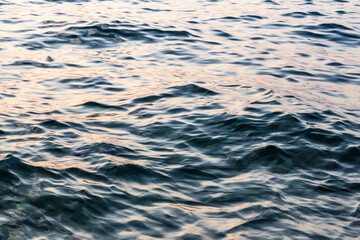 close up of calm sea water surface under sunset light. water texture. sunlight reflection. abstract liquid background