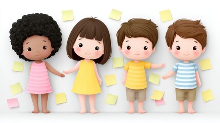 Kids Engaging in Brainstorming Session Surrounded by Colorful Notes on a Wall