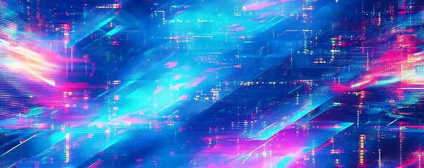 Fototapeta premium Abstract blue, mint, and pink background with interlaced digital glitch and distortion effect. Futuristic cyberpunk design. Retro futurism, web punk.