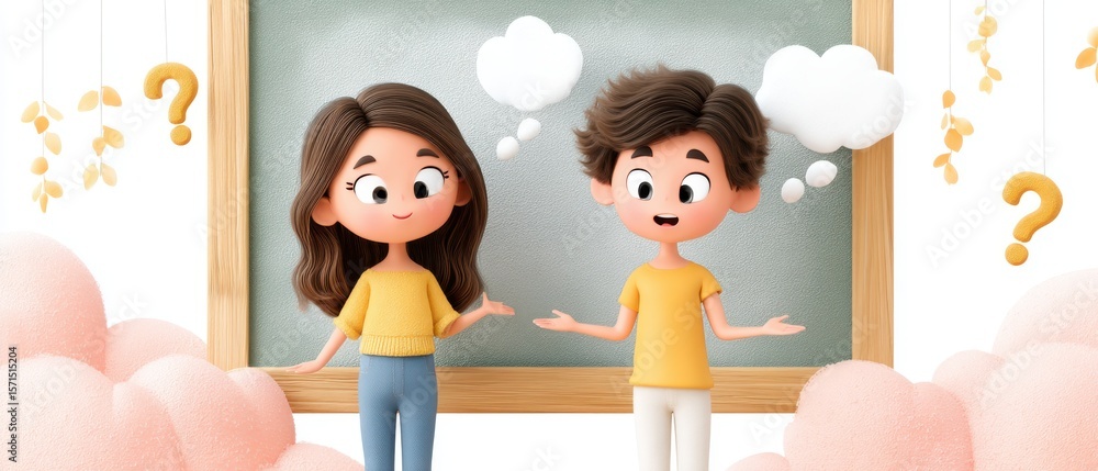 Aufkleber animated classroom scene with two students floating question marks in a colorful and cheerful educat
