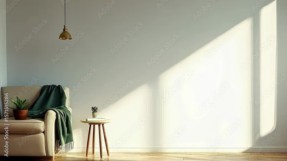 Poster sunlight streams across a minimalist room featuring a comfortable sofa and inviting decor, creating 