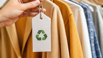 A hand holds a tag featuring a green recycling symbol, attached to various clothing items, emphasizing sustainability in fashion.